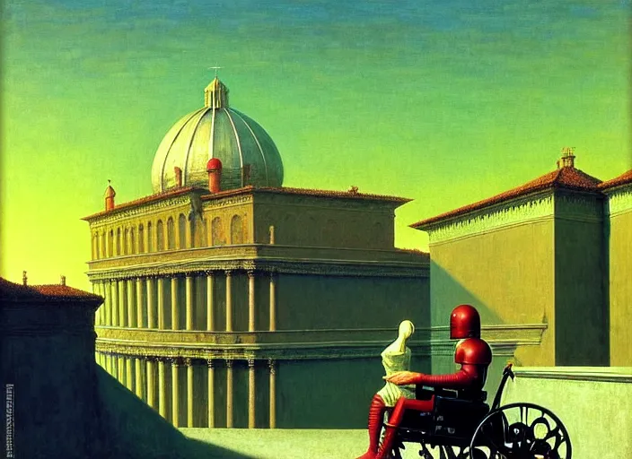 Image similar to knight in armor in a wheelchair do tricks & watch old tv, rome, highly detailed, soft lighting, elegant, by edward hopper and james gillard, zdislaw beksinski, stephen outram, andreas m wiese, carl spitzweg, highly detailed, masterpiece, unreal 6, 8 k