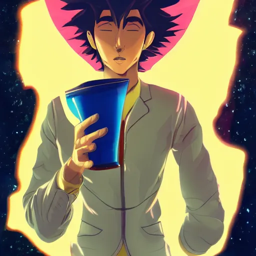 Prompt: A man drinking a cup of cosmic energy bright light by Masafumi Harada, 4k, digital art, surreal, anime style, space dandy style, highly detailed, godsend, artstation, space