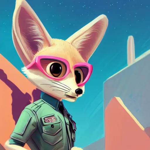 Prompt: fennec fox, pink, palm trees, furry, cute, smug facial expression, disney zootopia, zootopia, concept art, aviator sunglasses, smug expression, synthwave style, artstation, detailed, award winning, dramatic lighting, miami vice, oil on canvas, vibes