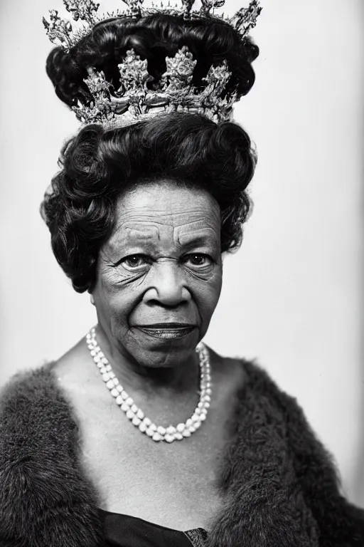 Prompt: a photograph of an elderly black lady with grey curly hair, wearing a crown and clothing of Queen Elizabeth the second, 50mm lens, portrait photography, taken by Robert Capa, studio lighting