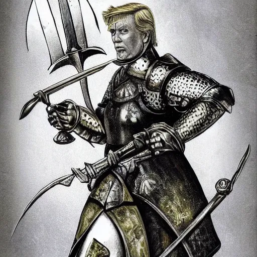 Image similar to donald trump wearing knights armor, holding one broadsword, by hans holdein, donald trumps highly detailed handsome face, two arms, two legs