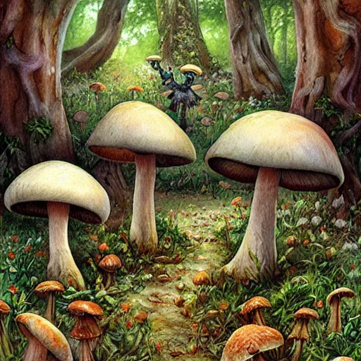 Image similar to mushroom forest drawn by ralph horsley, digital art, highly detailed, corrupted