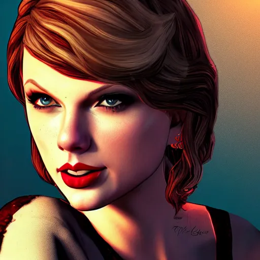 Image similar to taylor swift portrait, borderlands, tales from the borderlands, the wolf among us, comic, cinematic lighting, studio quality, 8 k