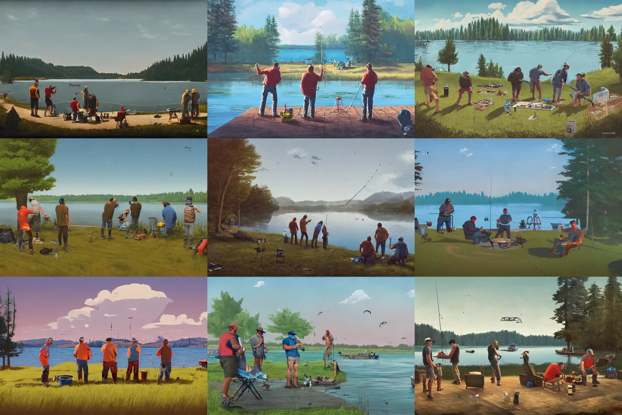 Prompt: mid - thirties guys binge drinking and fishing in front of a lake, in the style of simon stalenhag