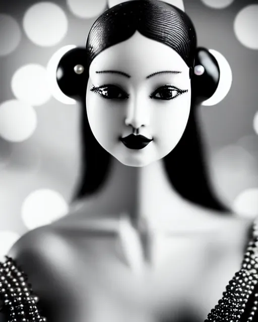 Image similar to black and white dreamy young beautiful female artificial intelligence, ornament very small pearls in the face, long hair are intricate with highly detailed small pearls, cinematic, rim light, bokeh, photo - realistic, elegant, high detail, 8 k, masterpiece, photo taken in 1 9 3 0