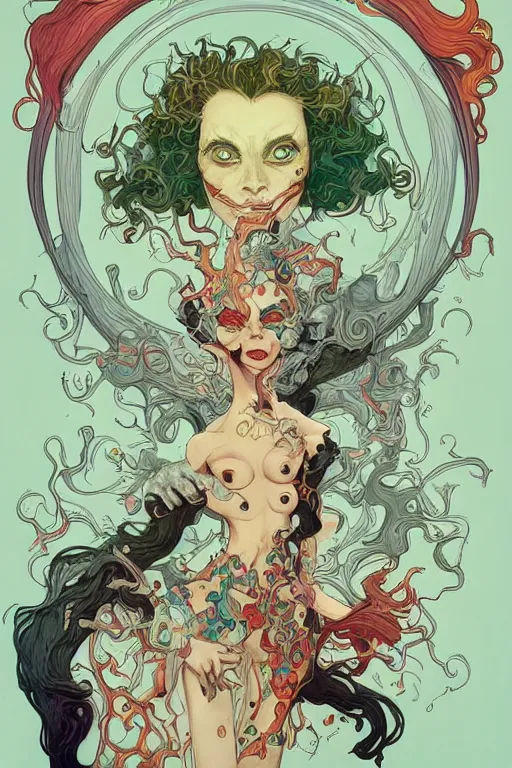 Prompt: portrait of crazy mad lady scientist, half cruella devil and half merida chimera, stylized illustration by peter mohrbacher, moebius, mucha, victo ngai, colorful comics style, clean line