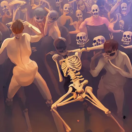 Image similar to a crowd composed by skeletons dressed funnily fight to have the an Iphone in a store of London, 2d, ultra highly detailed, digital painting, smooth, sharp focus, artstation, pixiv, art by Ilya Kuvshinov