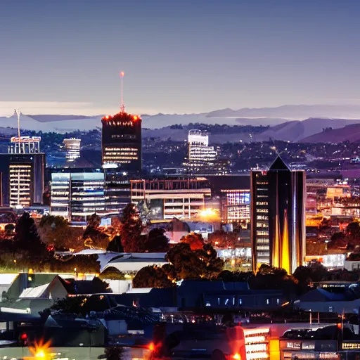 Image similar to Christchurch city skyline at night, cyberpunk style