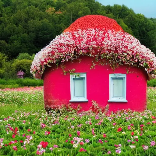 Prompt: strawberry - shaped house in a field full of flowers