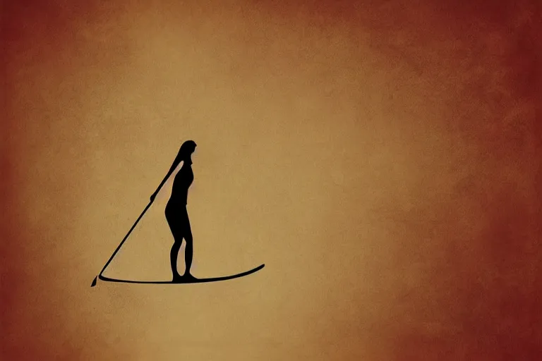 Image similar to beautiful serene person on a paddle board sup, healing through motion, life, minimalistic golden and ink airbrush painting on white background