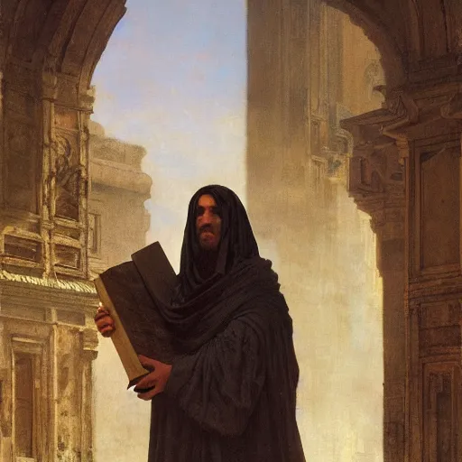 Image similar to half portait of magican wearing a closed cowl and carrying big old book! jeremy mann, jean leon gerome, tiepolo, alphonse mucha, greg rutkowski, face in the shadows, ( ( ruins of ancient rome ) ), at dusk, mysterious atmosphere, sunrays, dof, masterpiece, high detailed, 8 k