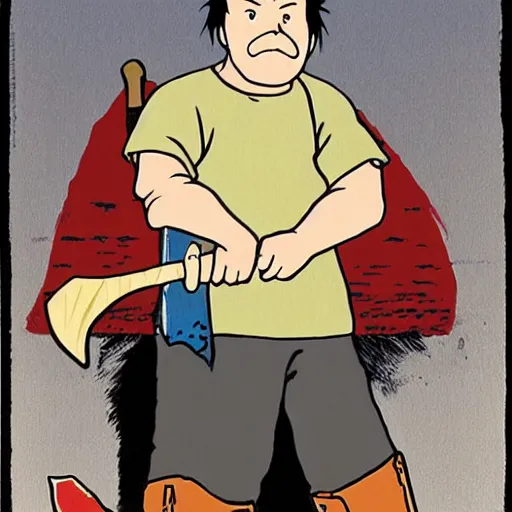 Image similar to portrait of a drunken man wielding an axe by hayao miyazaki