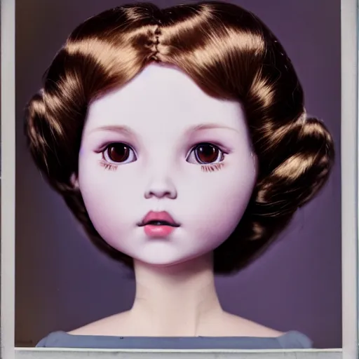 Image similar to head and shoulders portrait of a doll-like girl doing ASMR with hand movements, color Graflex photograph by Mark Ryden