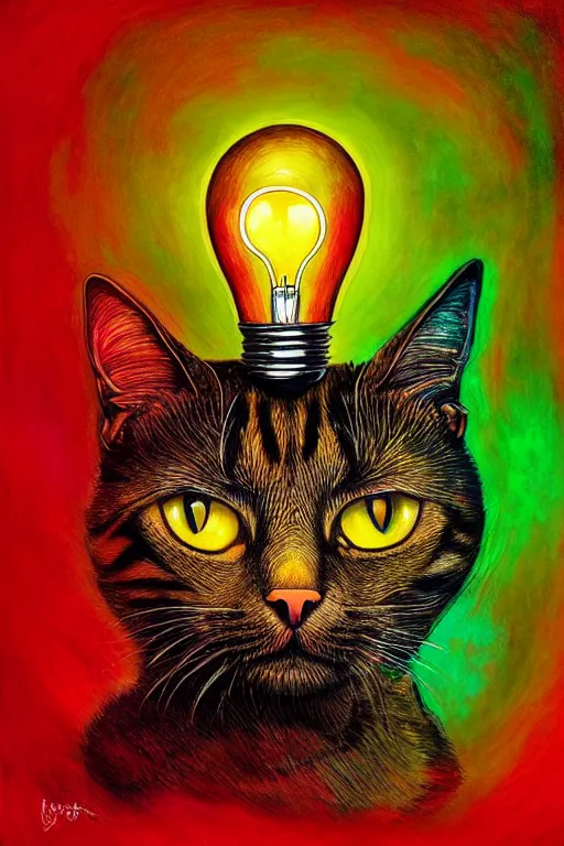 Image similar to portrait of a cat's head inside an upside down light bulb, modern fine art, intricate, elegant, subsurface scattering, highly detailed, pop art painting, organic acrylic flow art, psychedelic fractal art, acrylic art, watercolor, featured on deviantart, cgsociety