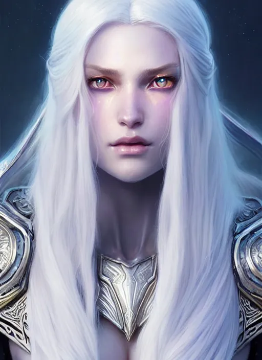 Image similar to light opal armor!!! long wild white hair!! covered chest!!! fantasy, d & d, intricate ornate details, digital painting, pretty face!!, symmetry, concept art, sharp focus, illustration, art by artgerm! greg rutkowski magali villeneuve wlop! ilya kuvshinov!!, octane render