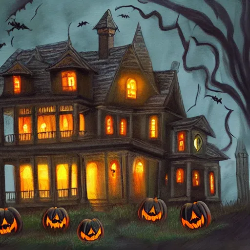 Image similar to A painting of a haunted house with Halloween decorations, Trending on artstation.