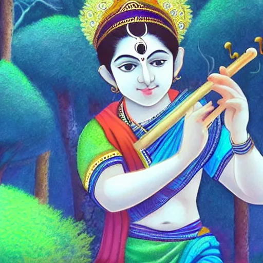 Prompt: Young Krishna playing flute in forest and all animals listen his melodious music , Zoom out ,anime style, artstation, devainart ,illustration, scenery,