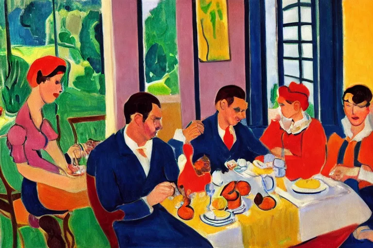 Prompt: a fancy breakfast scene at a country club by henri matisse and linda wilder, oil painting, highly detailed, saturated colors 4 k