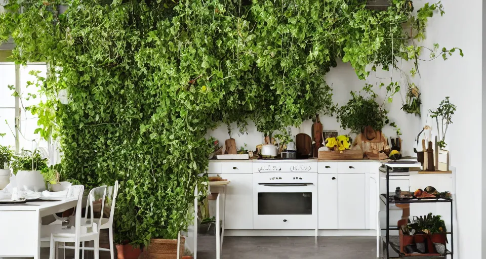 Image similar to IKEA catalogue photo, high end farm house style kitchen, sand piled in corners, dust, organic, vines, overgrown, tropical, by Dali