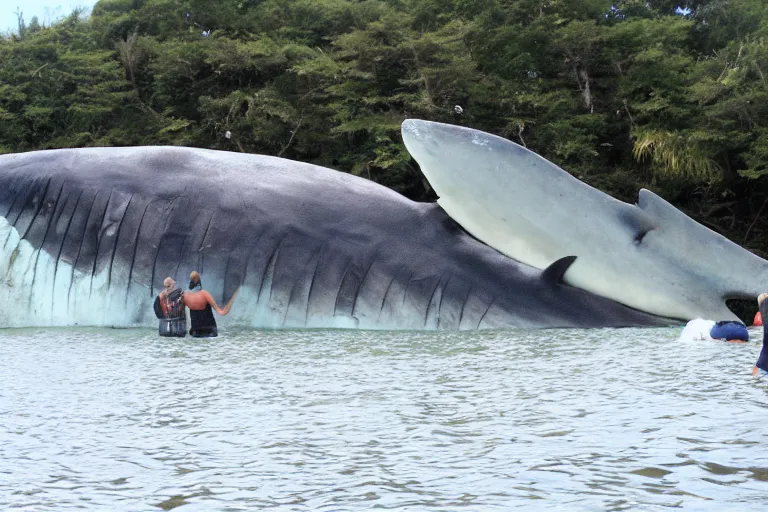 Image similar to huge megalodon washed upon the shore, people watching