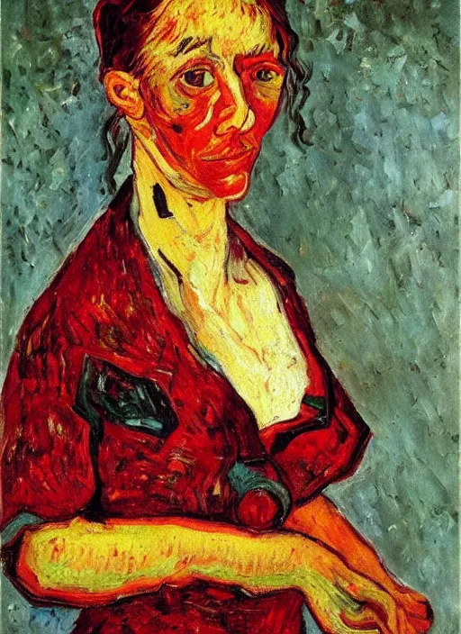 Image similar to an oil painting of a woman looking distressed, intense eyes, in a red dress posing with meat in expressive style of Van Gogh, Chaim Soutine and Frank Auerbach, complimentary palette of maroon alizarin and dark gray greens