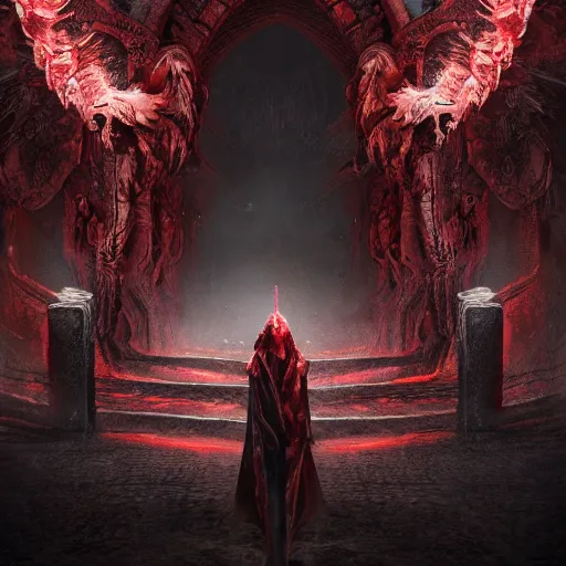 Prompt: hyper realistic photography of a highly detailed archangel in front of hell's gate. complex architecture, blood drops on the walls. dark background. high details, trending on artstation, digital illustration 4 k no blur