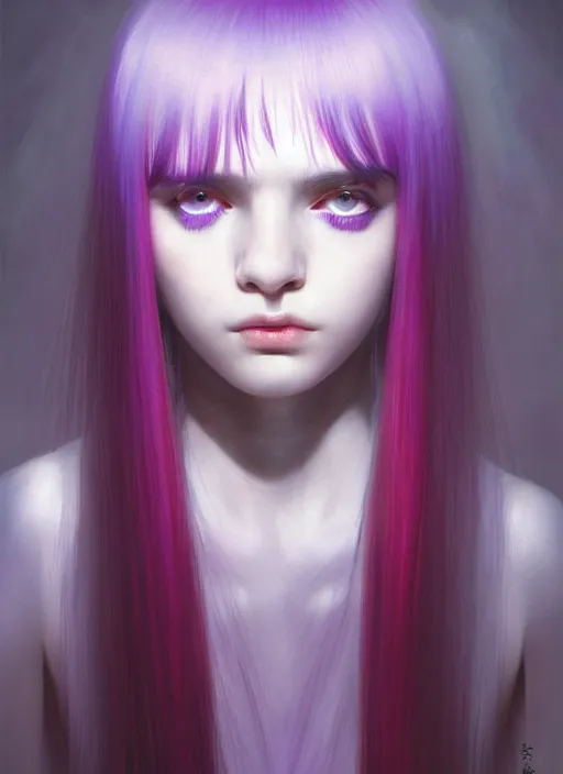 Image similar to hair whitebangs hair, black hair, whitebangs, portrait of teenage girl with white bangs, red irises, purple clothes, white bangs, bangs are different color from hair, intricate, elegant, glowing lights, highly detailed, digital painting, artstation, concept art, smooth, sharp focus, illustration, art by wlop, mars ravelo and greg rutkowski