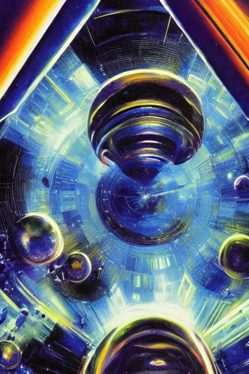 Prompt: the edge of the known universe, art by william rotsler and joe jusko and peter andrew jones, trending on artstation, front lighting microscopic view sketched, 2 0 0 1 : a space odyssey, multiple exposure, scifi, tachism