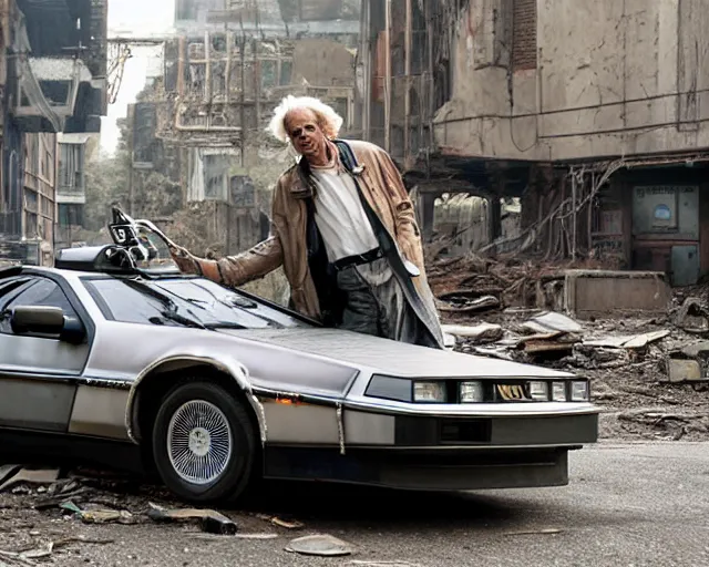 Image similar to doc brown and the delorean in an abandoned city, ghost in the shell vibes