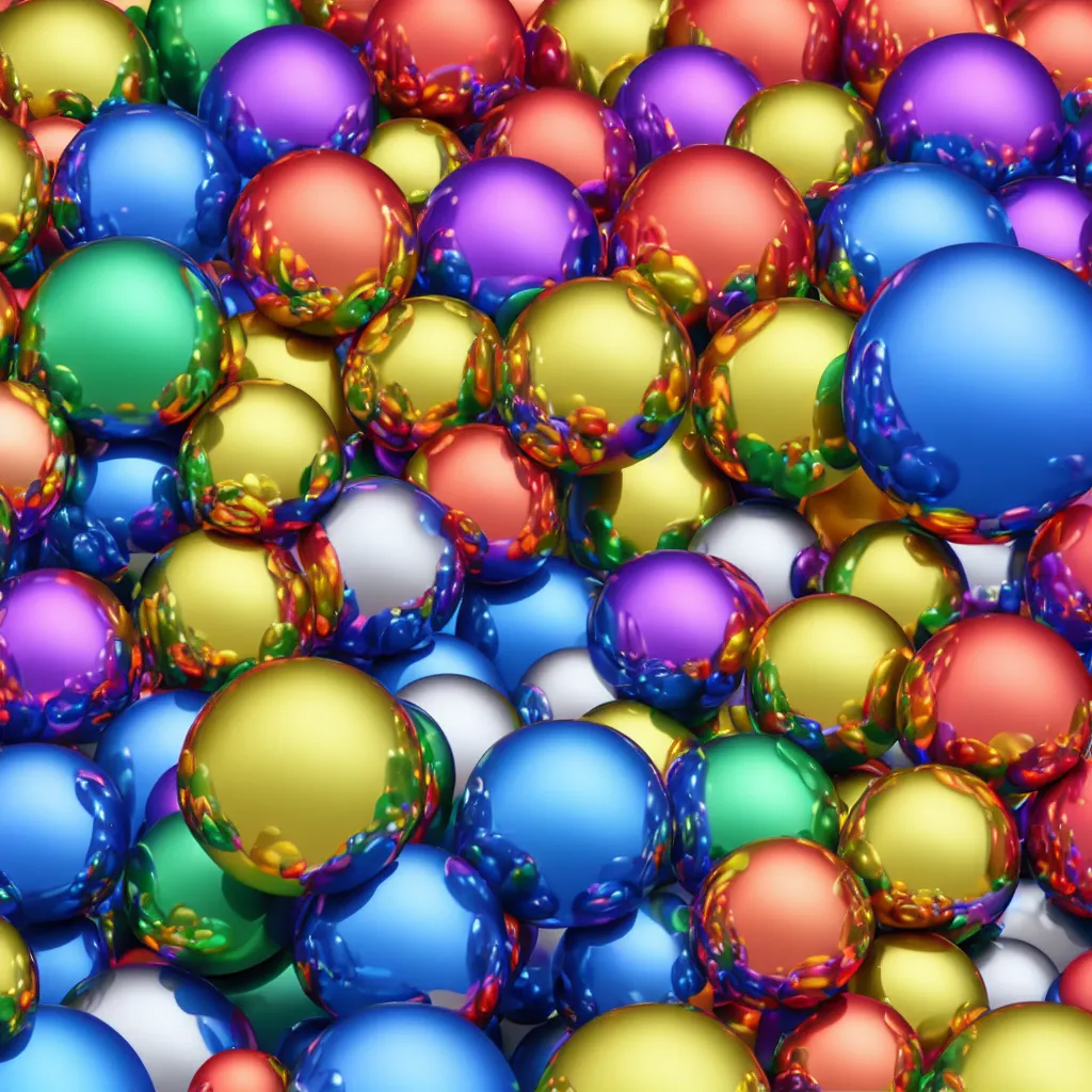 Prompt: high quality 4 k very colourful highglossy texture of chrome spheres, 3 d, photorealistic, high poly, 8 k render, unreal engine 5, volumetric lighting, realistic shadows