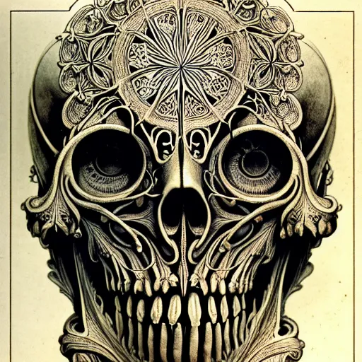 Image similar to art forms of nature by ernst haeckel, memento mori by arthur rackham, ornate antique porcelain beautiful skull mask, ultrasharp, photorealistic, hyperdetailed, octane render, polished, art nouveau, neo - gothic, gothic, intricate ornamental organic filigree, art nouveau botanicals, art forms of nature by ernst haeckel, horizontal symmetry, symbolist, visionary