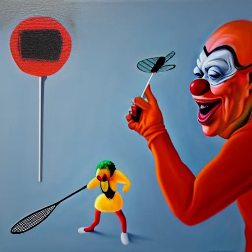 Image similar to hyperrealism painting from the housefly perspective getting swatted at from an angry and sick clown man with a fly swatter in the kitchen