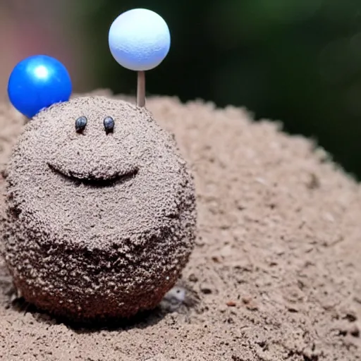 Image similar to photo of a small round creature made of dirt with round blue eyes and a round clown nose and a cute smile