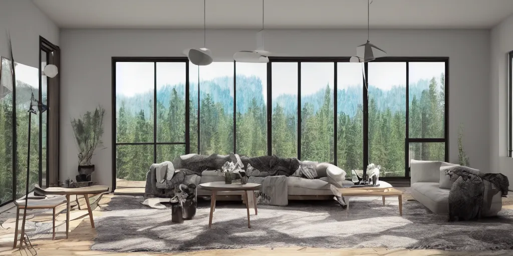 Image similar to a beautiful modern living room with wood floors, large windows with a beautiful view of a forest, an area rug, realistic, hd, 8 k, digital rendering, unreal engine, blender, octane, maya