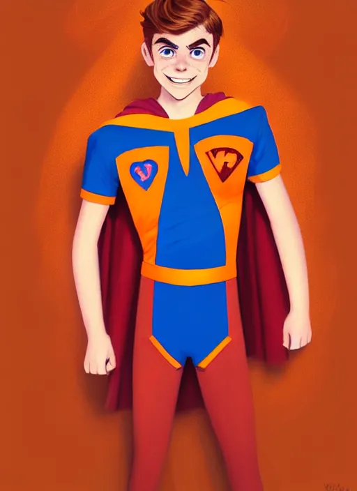 Prompt: friendly teenage archie andrews wearing an orange superhero costume with heart logo, freckles, pureheart the powerful, heart emblem on chest, blue cape, intricate, elegant, glowing lights, highly detailed, digital painting, artstation, sharp focus, illustration, art by wlop, mars ravelo and greg rutkowski