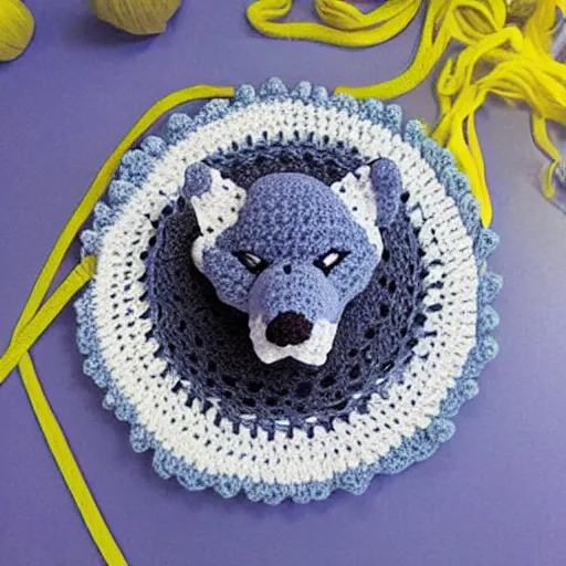 Prompt: fenrir crocheted art