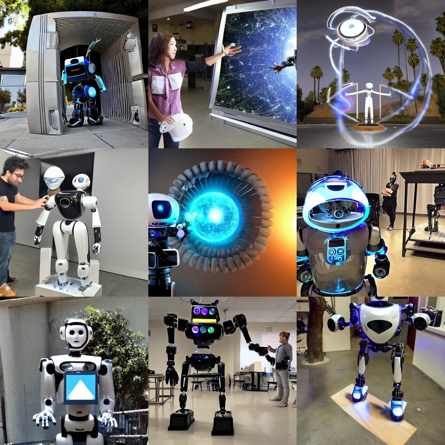 Prompt: <photo hd attention-grabbing trending location='los angeles ca, workshop' emotion=awe>brilliant inventor robot opens portal to a parallel dimension</photo>