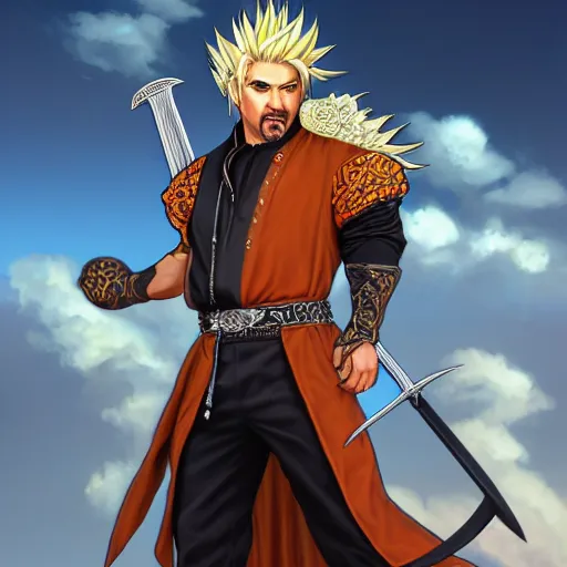 Image similar to Guy Fieri as Cloud Strife, western, D&D, fantasy, intricate, elegant, highly detailed, digital painting, artstation, concept art, matte, sharp focus, illustration, art by Artgerm and Greg Rutkowski and Alphonse Mucha