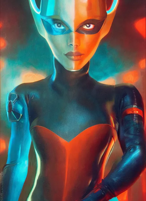 Image similar to symmetry! dynamic pose, closeup! portrait of a cyborg racer girl, skintight leather racing jumpsuit, cinematic light, backlight, teal orange, by gerald brom, by mikhail vrubel, by peter elson, muted colors, extreme detail, trending on artstation, 8 k