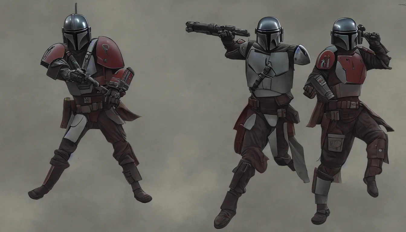 Image similar to lone mandalorian in action, in style of grzegorz rosinski