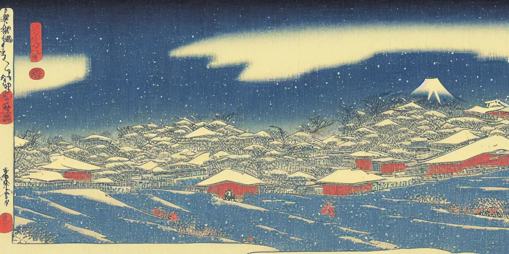 Image similar to snow field scenery at night, snowy and windy, with some tombs in the front, by hiroshige utakawa, ukiyoe