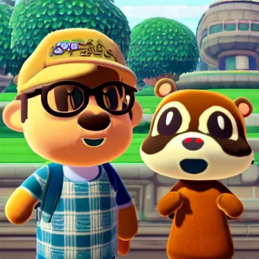 Image similar to A selfie of Rivers Cuomo and Tom Nook from Animal Crossing