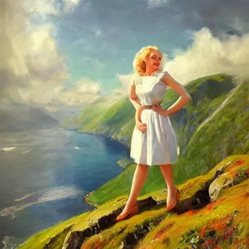 Prompt: 1950s blonde standing on top of Norwegian fjord, norway flag and sky blended, atmospheric, dreamy, painting by Vladimir Volegov