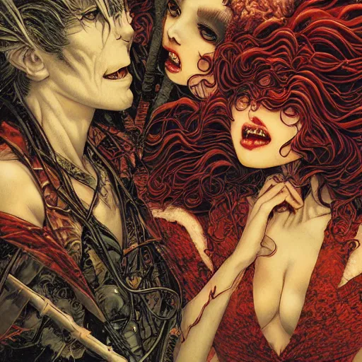 Image similar to closeup of vampire kiss, wax, by yoichi hatakenaka, masamune shirow, josan gonzales and dan mumford, ayami kojima, takato yamamoto, karol bak