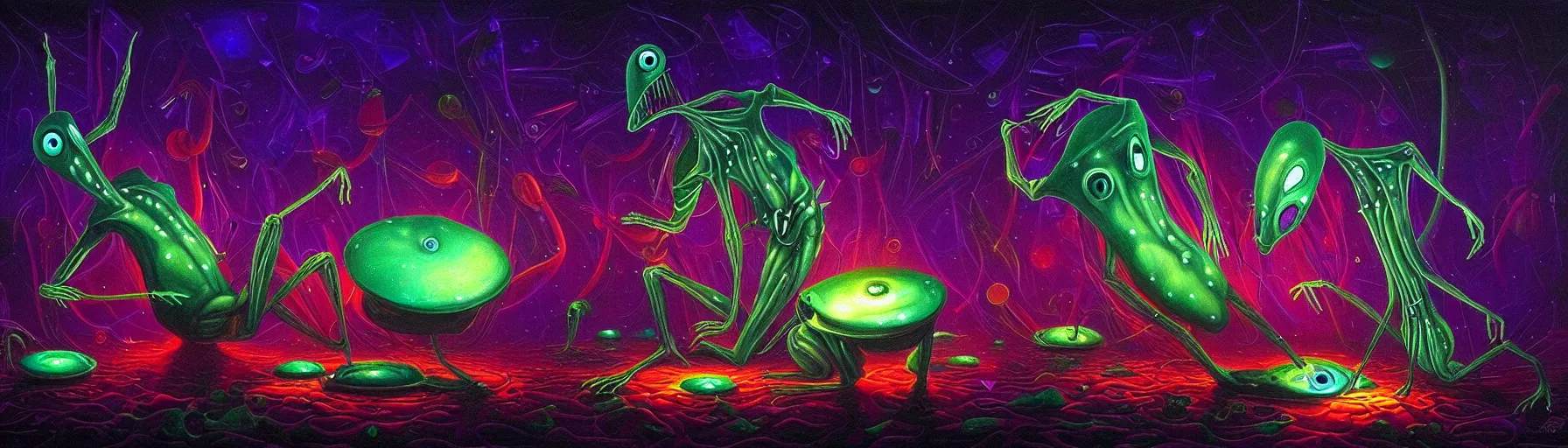 Image similar to strange alien plankton creatures from the depths of the collective unconscious, dramatic lighting, surreal darkly colorful painting by ronny khalil