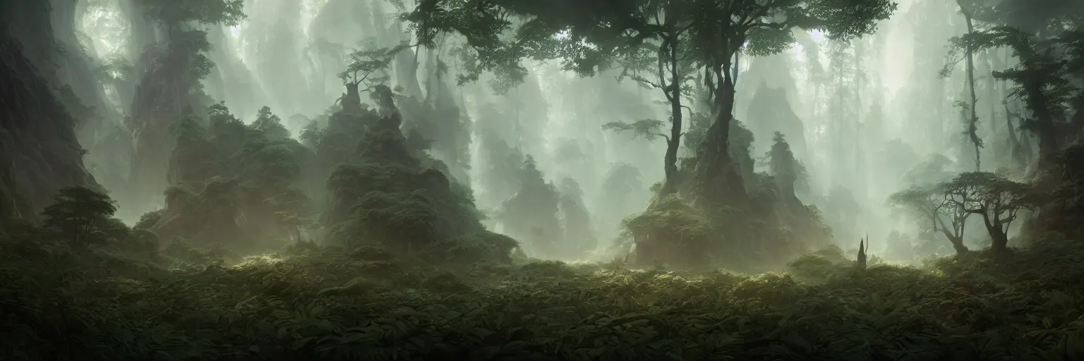 Prompt: Mysterious beautiful Buddhist forest, matte painting by Peter Mohrbacher and Craig Mullins, featured in artstation, octane render, cinematic, elegant, intricate, 8k