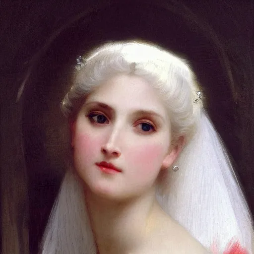 Image similar to portrait painting of a princess, close-up, highly beautiful, elegant, graceful, platinum white hair, pale, by Bouguereau, highly detailed, sharp focus, smooth