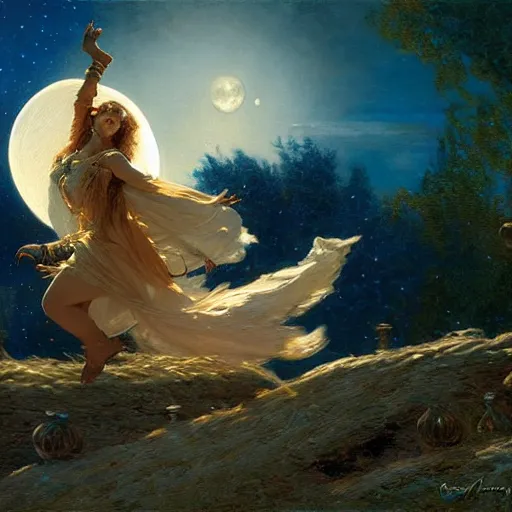 Prompt: witch magically flying trough the night, fantasy, full moon in background. highly detailed painting by gaston bussiere, craig mullins, j. c. leyendecker 8 k