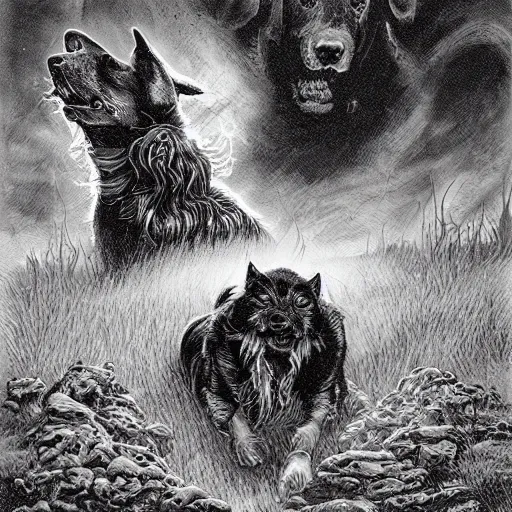 Image similar to the dogs of doom are howling, Michael Whelan, comic art, pen and ink, black and white