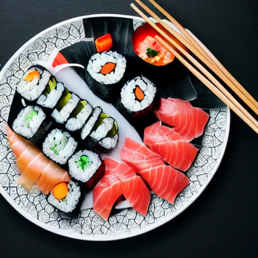 Image similar to large plate with sushi rolls, sashimi, intricate, detailed